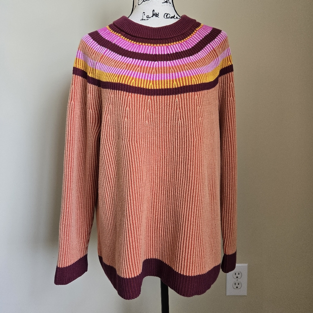 Lands End Ribknit Sweater Womens 1X Fair Isle Cotton Pullover